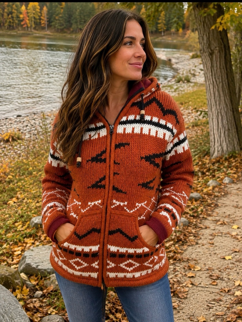 Lorenzi handknit Rust Patterned Zip-Front Women's Sweater Hoodie